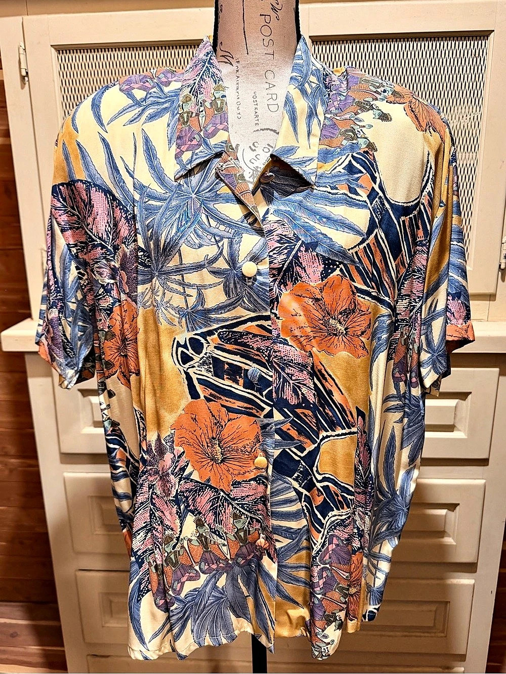 Vintage HM2 Tropical Rayon Camp Blouse Plus Size 1X Yellow Floral Button Up